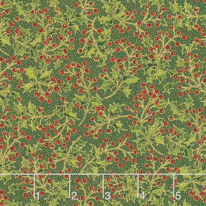 Poinsettias and Pine Metallic - Holly Berries Evergreen Yardage