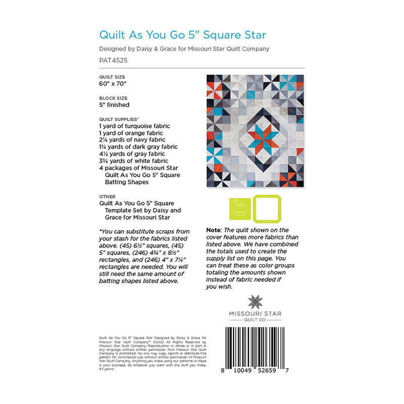Quilt As You Go 5" Square Star Quilt Pattern by Missouri Star