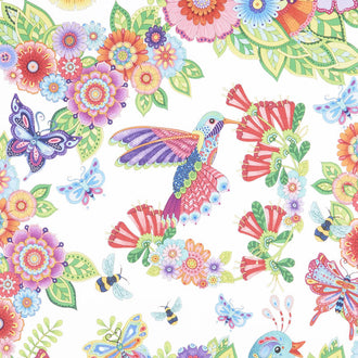 Rainbow Flight - Large Animals and Flowers White Yardage