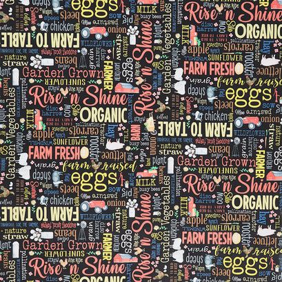 Rise 'N Shine - Farm Fresh Words Black Yardage