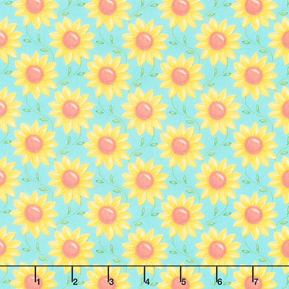 Rise 'N Shine - Scrolling Sunflowers Sky Blue Yardage