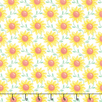Rise 'N Shine - Scrolling Sunflowers White Yardage