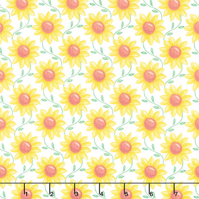 Rise 'N Shine - Scrolling Sunflowers White Yardage