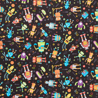 Rollicking Robots - Busy Bots Black Yardage