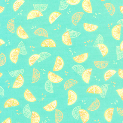 Rose Lemonade - Lemon Slices Jade Metallic Yardage