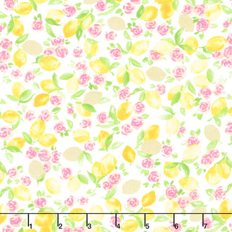 Rose Lemonade - Lemons White Metallic Yardage