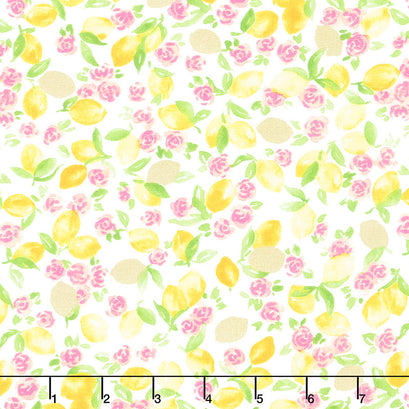 Rose Lemonade - Lemons White Metallic Yardage