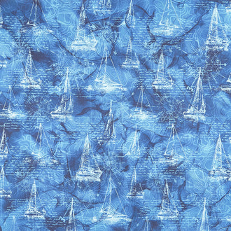Sail Away - Sail Boat Line Drawing Indigo Digitally Printed Yardage