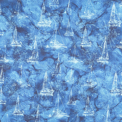 Sail Away - Sail Boat Line Drawing Indigo Digitally Printed Yardage
