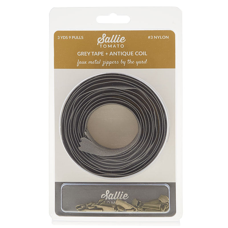 Sallie Tomato #3 Nylon Zipper Tape & Pulls - Grey with Antique Coil