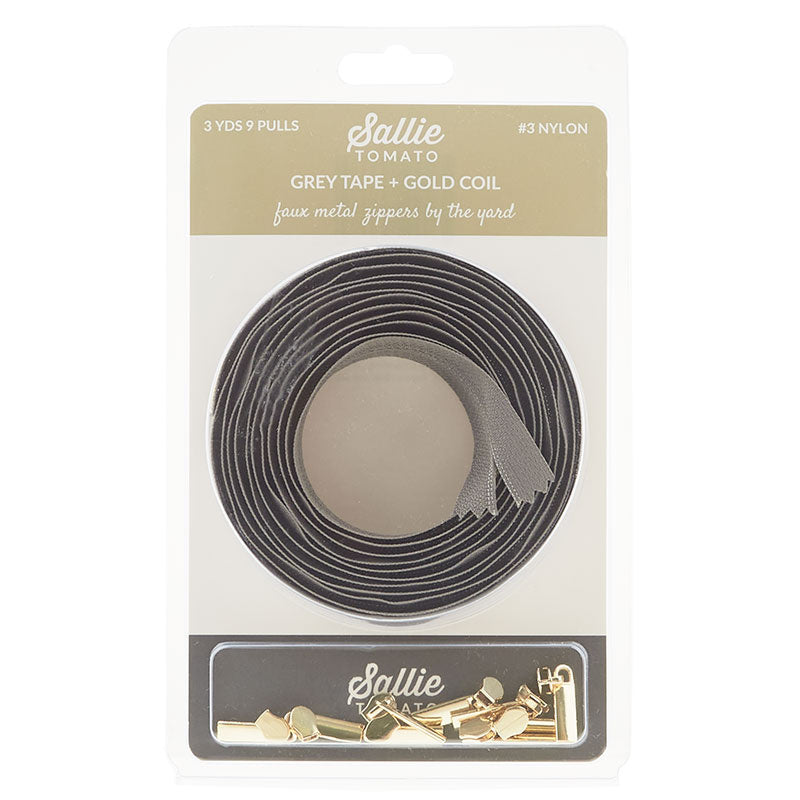 Sallie Tomato #3 Nylon Zipper Tape & Pulls - Grey with Gold Coil