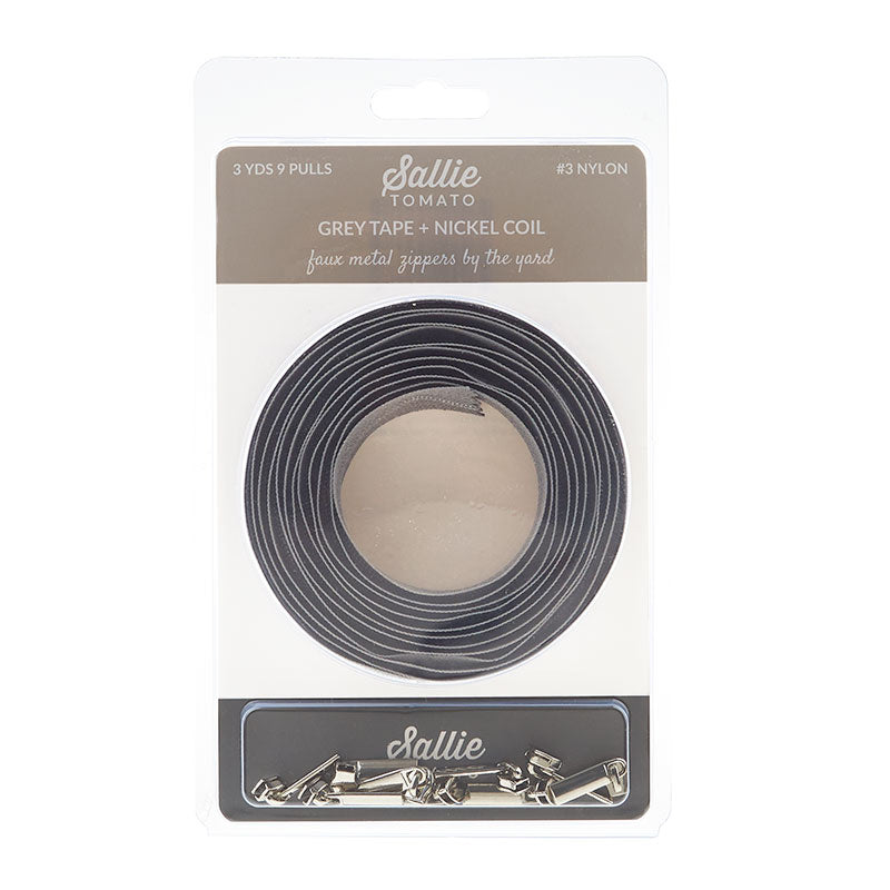 Sallie Tomato #3 Nylon Zipper Tape & Pulls - Grey with Nickel Coil