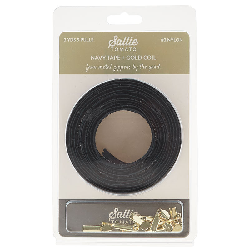 Sallie Tomato #3 Nylon Zipper Tape & Pulls - Navy with Gold Coil