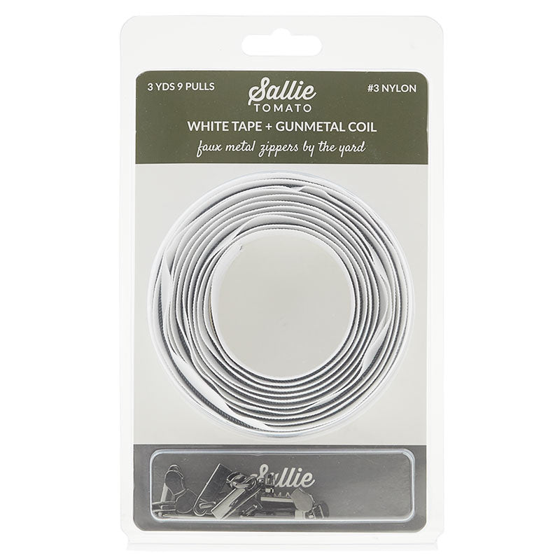 Sallie Tomato #3 Nylon Zipper Tape & Pulls - White with Gunmetal Coil
