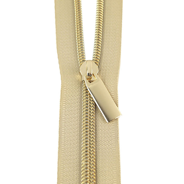 Sallie Tomato - Beige #5 Nylon Gold Coil Zippers: 3 Yards with 9 Pulls