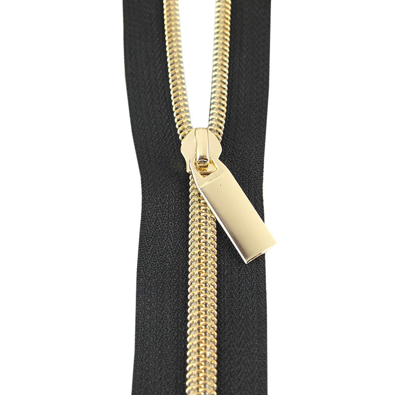 Sallie Tomato #5 Nylon Zippers & Pulls - Black with Gold Coil