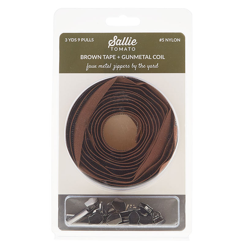 Sallie Tomato #5 Nylon Zipper Tape & Pulls - Brown with Gunmetal Coil