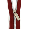 Sallie Tomato #5 Nylon Zipper Tape & Pulls - Burgundy with Nickel Coil