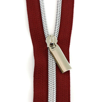 Sallie Tomato #5 Nylon Zipper Tape & Pulls - Burgundy with Nickel Coil