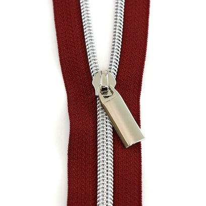 Sallie Tomato #5 Nylon Zipper Tape & Pulls - Burgundy with Nickel Coil