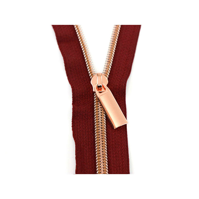 Sallie Tomato #5 Nylon Zippers & Pulls - Burgandy with Rose Gold Coil Primary Image