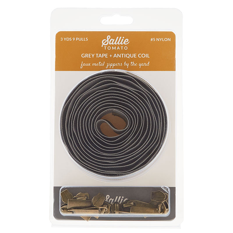 Sallie Tomato #5 Nylon Zipper Tape & Pulls - Grey with Antique Coil