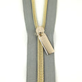 Sallie Tomato #5 Nylon Zipper Tape & Pulls - Grey with Gold Coil