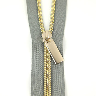 Sallie Tomato #5 Nylon Zipper Tape & Pulls - Grey with Gold Coil