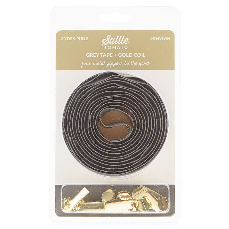 Sallie Tomato #5 Nylon Zipper Tape & Pulls - Grey with Gold Coil