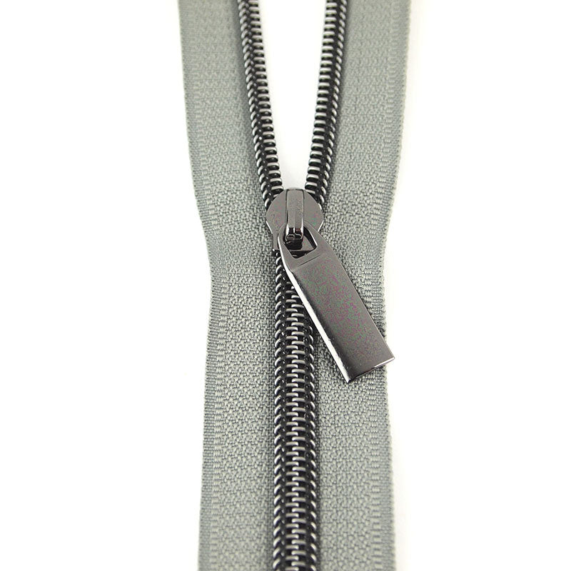 Sallie Tomato #5 Nylon Zipper Tape & Pulls - Grey with Gunmetal Coil