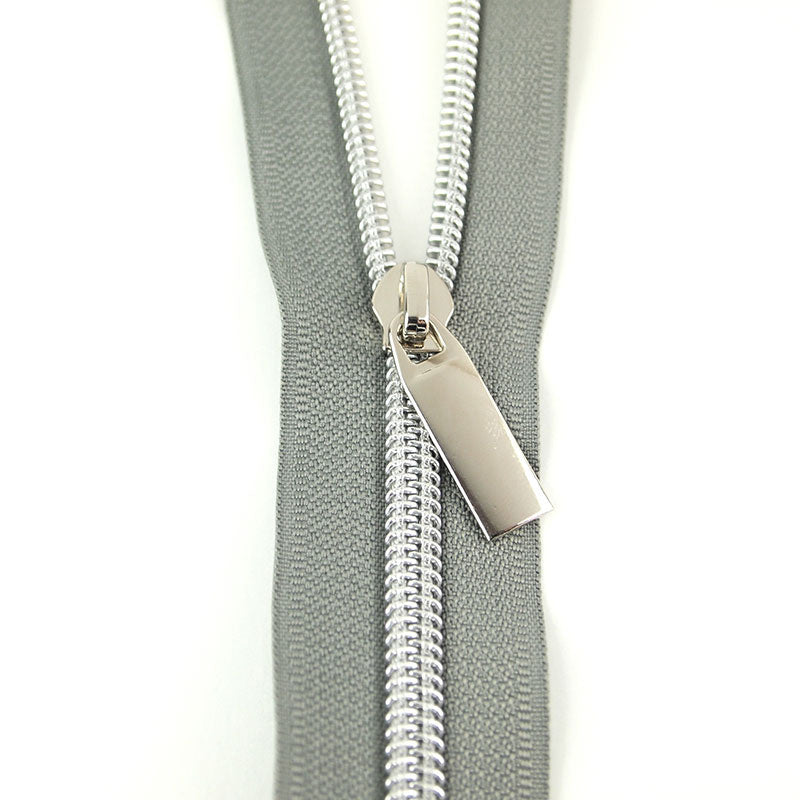Sallie Tomato #5 Nylon Zipper Tape & Pulls - Grey with Nickel Coil