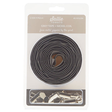 Sallie Tomato #5 Nylon Zipper Tape & Pulls - Grey with Nickel Coil