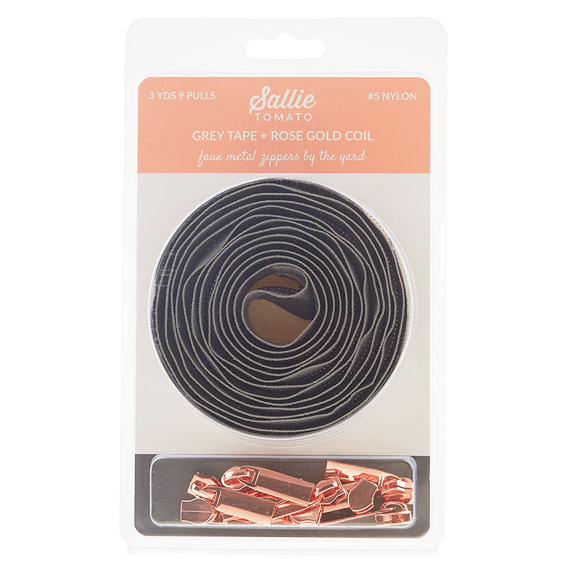 Sallie Tomato #5 Nylon Zipper Tape & Pulls - Grey with Rose Gold Coil