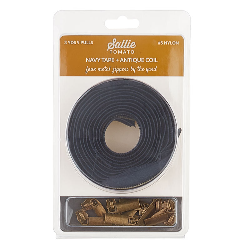 Sallie Tomato #5 Nylon Zipper Tape & Pulls - Navy with Antique Coil