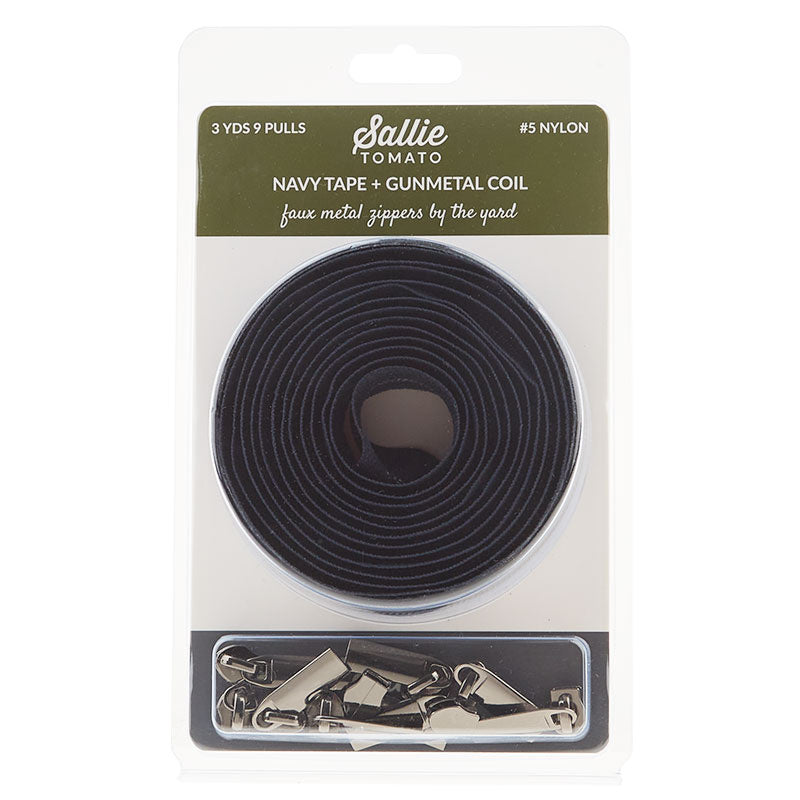 Sallie Tomato #5 Nylon Zipper Tape & Pulls - Navy with Gunmetal Coil