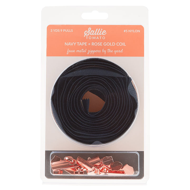 Sallie Tomato #5 Nylon Zipper Tape & Pulls - Navy with Rose Gold Coil