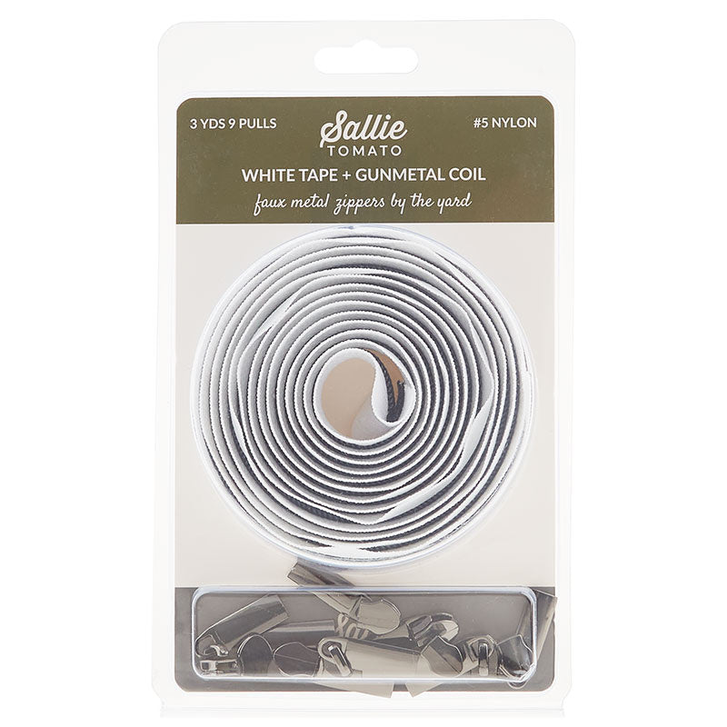 Sallie Tomato #5 Nylon Zipper Tape & Pulls - White with Gunmetal Coil