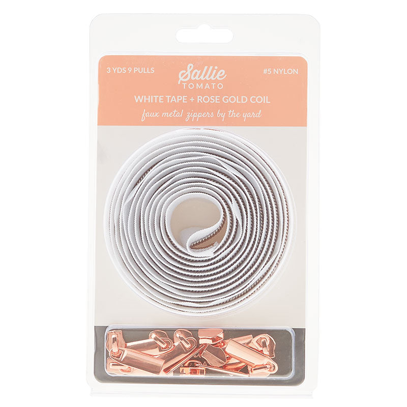 Sallie Tomato #5 Nylon Zipper Tape & Pulls - White with Rose Gold Coil
