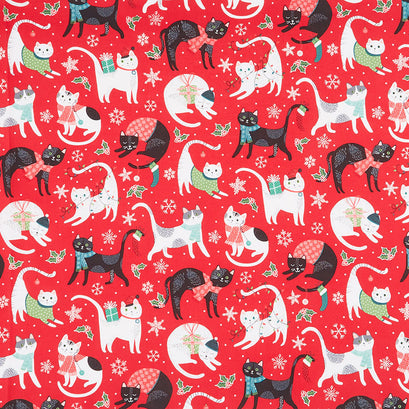 Santa Paws - Cats Tossed Red Yardage