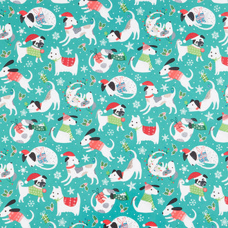Santa Paws - Dogs Tossed Turquoise Yardage