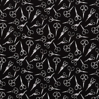 Sew Floral - Tossed Fancy Sewing Scissors Black Yardage