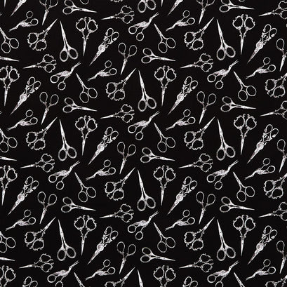 Sew Floral - Tossed Fancy Sewing Scissors Black Yardage