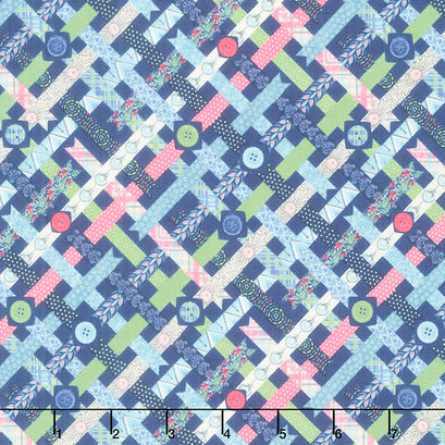 Sew Little Time - Ribbons and Buttons Blue Yardage