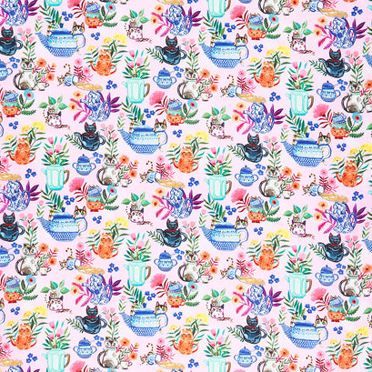 Sew Mischievous - Cat Tea Party Pink Digitally Printed Yardage