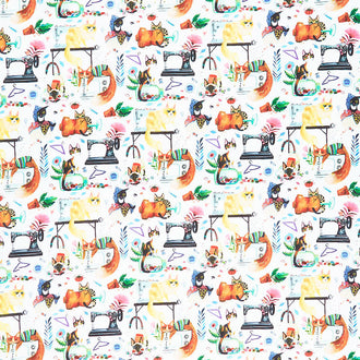 Sew Mischievous - Cats and Sewing Machines White Digitally Printed Yardage