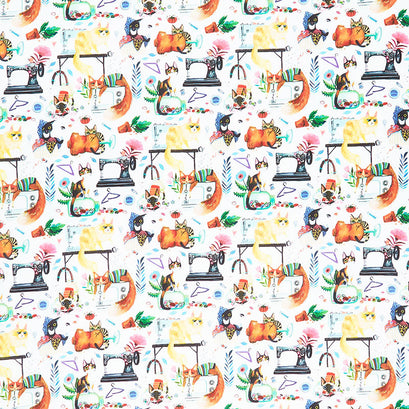 Sew Mischievous - Cats and Sewing Machines White Digitally Printed Yardage