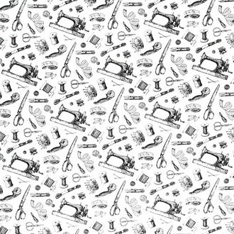 Sewing Is My Happy Place - Sewing Paraphernalia White Yardage