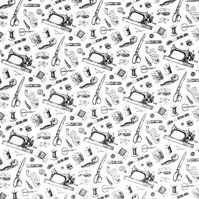 Sewing Is My Happy Place - Sewing Paraphernalia White Yardage
