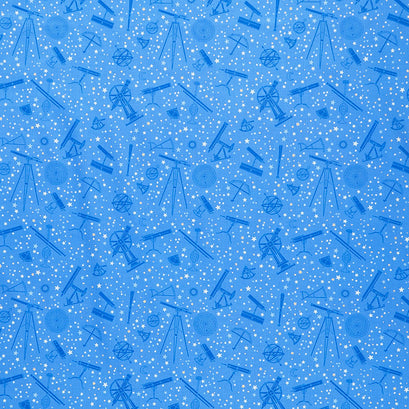 Signs from Above - Tossed Astronomy Devices Medium Blue Metallic Yardage