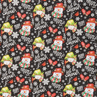 Snow Bird - Words and Snowmen Tossed Black Flannel Yardage